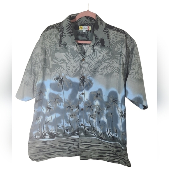 ALOHA Joe Hawaiian Palm Print Button Up Short Sleeve Gray Multi Shirt Size XL - Picture 1 of 5